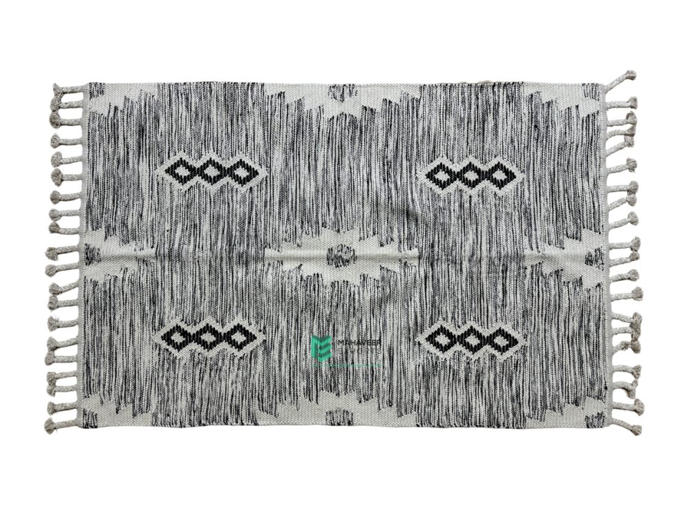 Indian Handloom Hand-woven Mats, Durries, Carpet and Area Rug Cotton Shaggy Black & White - ME240612031-2