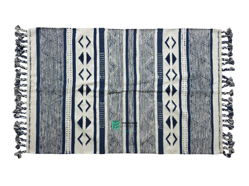 Indian Handloom Hand-woven Mats, Durries, Carpet and Area Rug Cotton Shaggy Blue & White - ME240612031-3